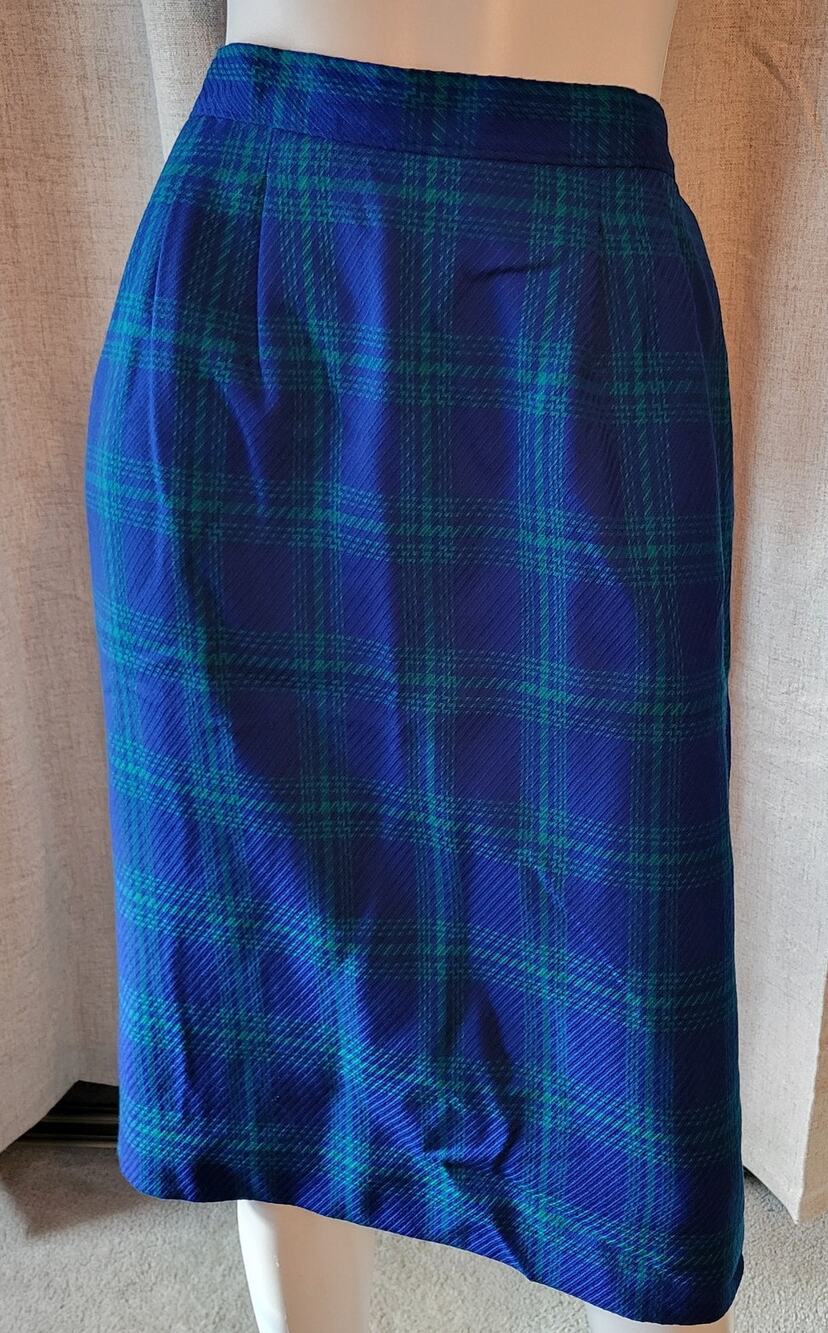 Vintage Pendleton Blue Green Plaid Virgin Wool Women Skirt Pockets Size 14 USA